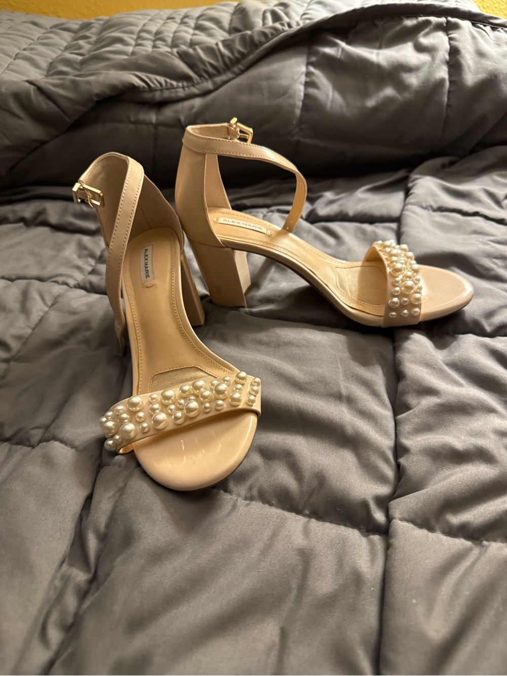 Alex Marie Nude Pearl-Embellished Ankle-Strap Block Heels size 7